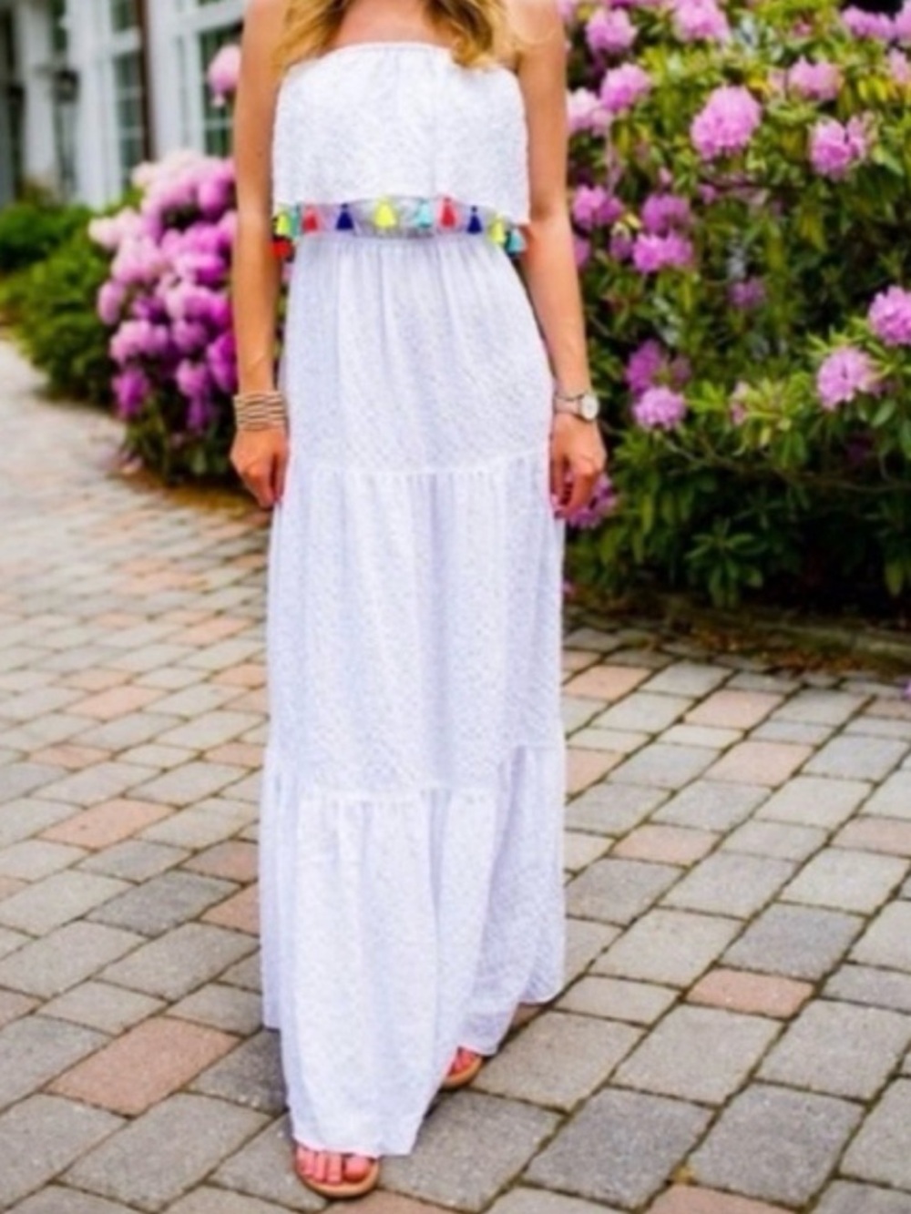 Lilly Pulitzer White Strapless Maxi Dress with Colorful Tassel Trim